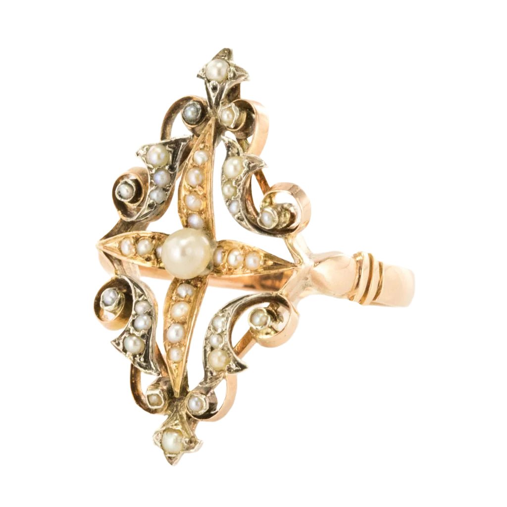 Bague Marquise en or rose, argent et perles - Castafiore