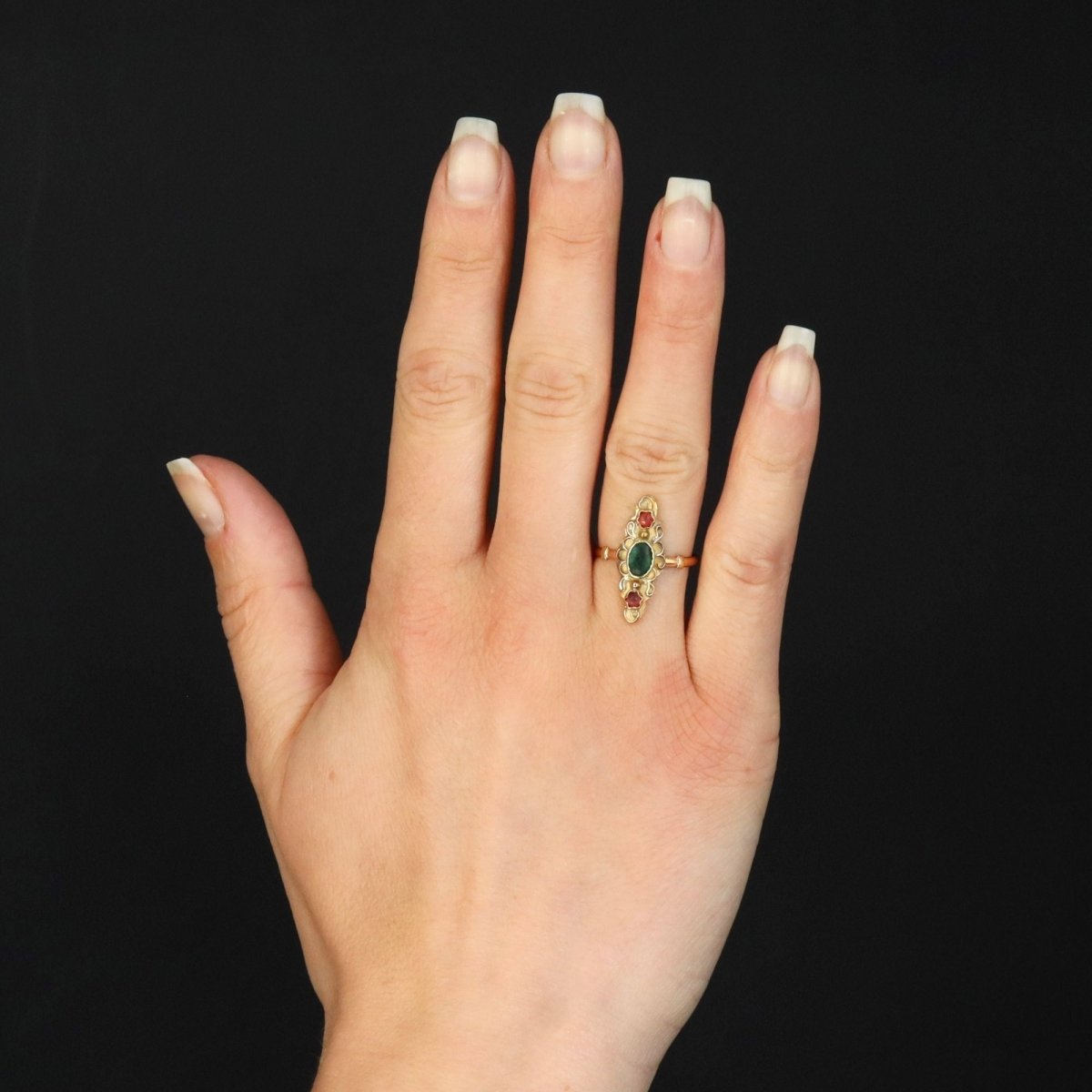 Ring antique gold and colored glass marquise