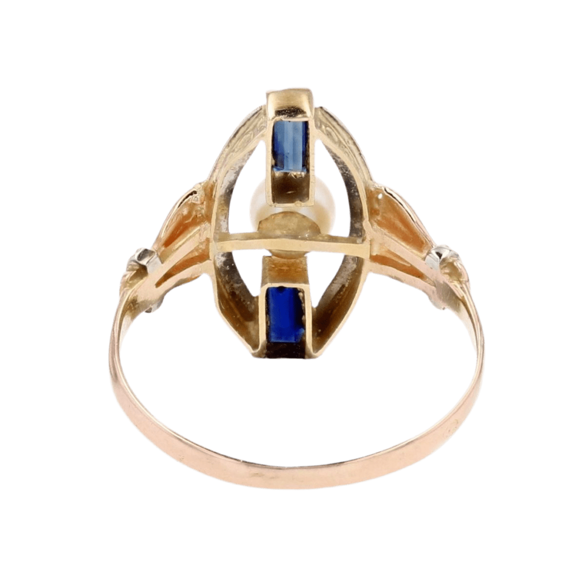 Bague Marquise en or rose, or blanc, perle et saphirs - Castafiore