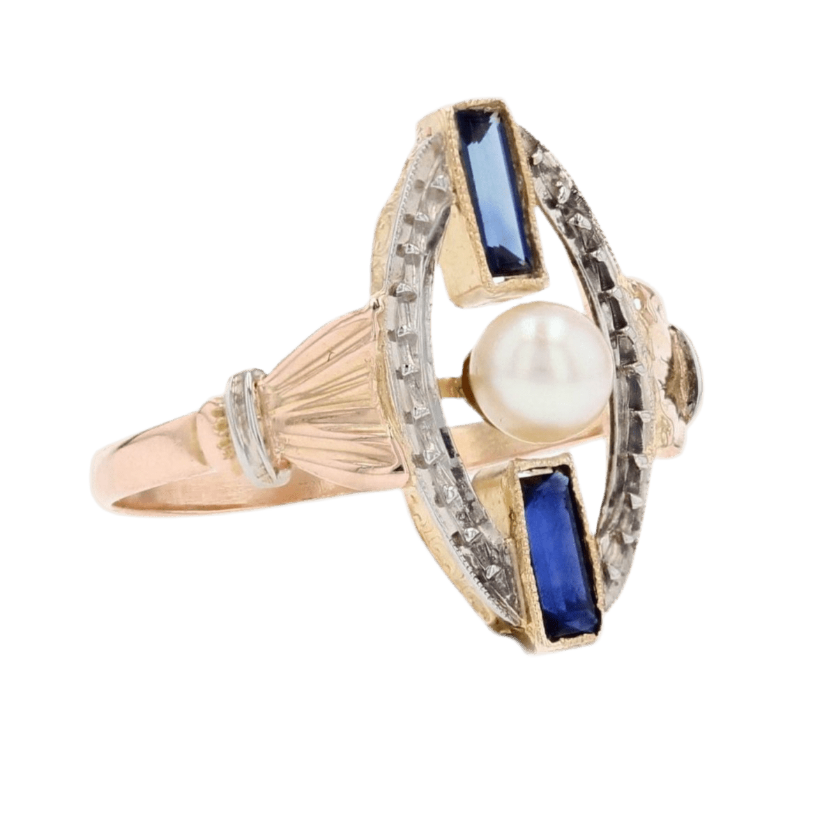 Bague Marquise en or rose, or blanc, perle et saphirs - Castafiore