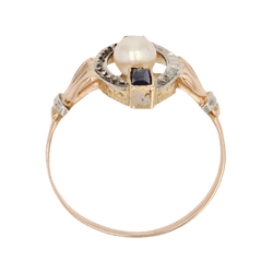 Bague Marquise en or rose, or blanc, perle et saphirs - Castafiore