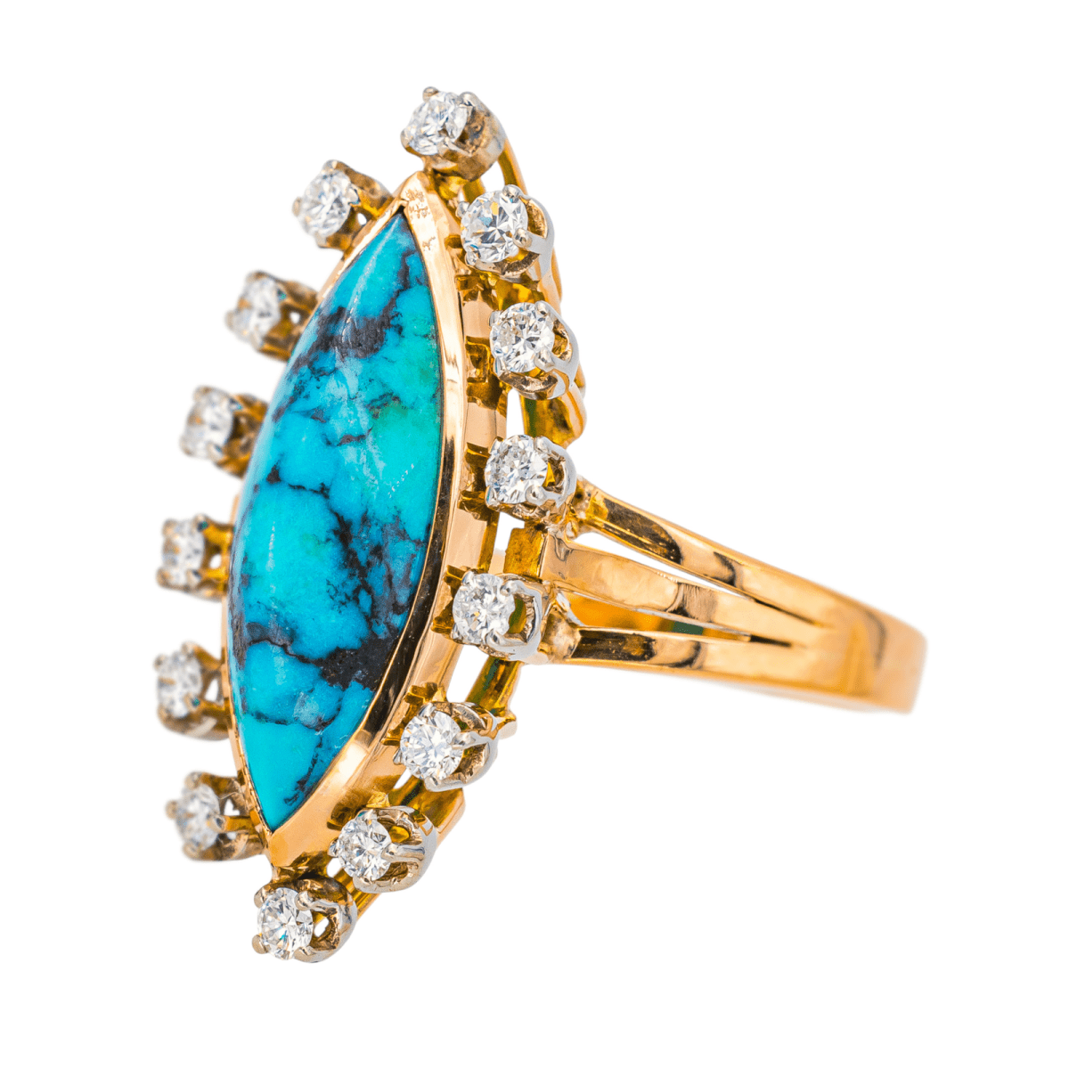 Bague Marquise en or rose, turquoise et diamants - Castafiore
