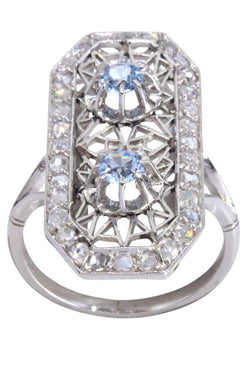 Bague Marquise en platine, aigue - marine et diamants - Castafiore