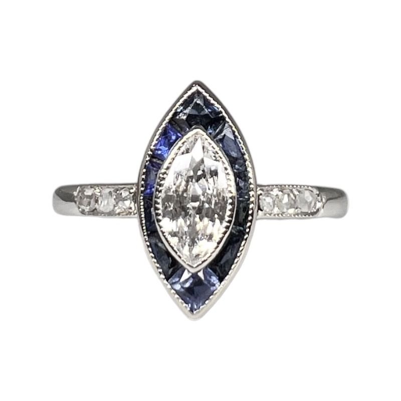 Bague Marquise en platine, diamants et saphirs - Castafiore