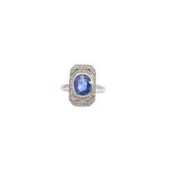 Bague Marquise en platine, saphir et diamants - Castafiore