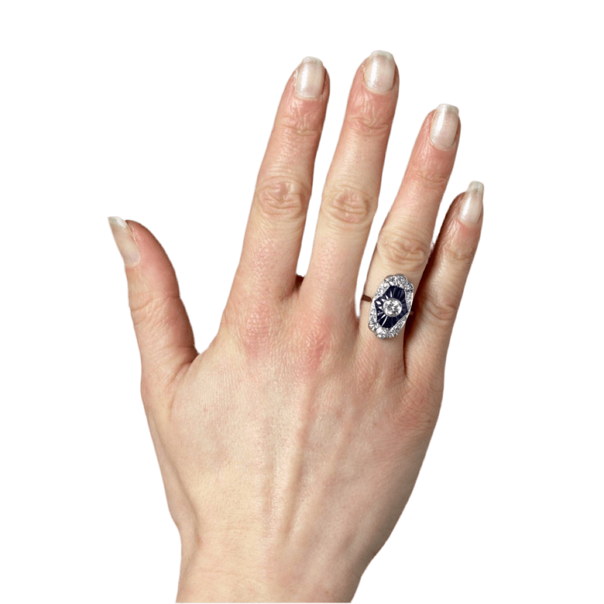 Bague Marquise en platine, saphirs et diamants - Castafiore