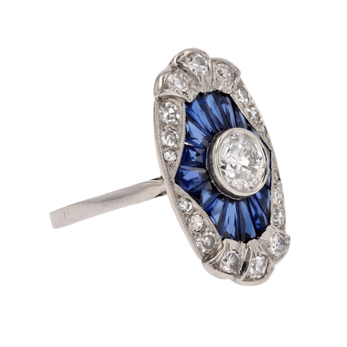 Bague Marquise en platine, saphirs et diamants - Castafiore
