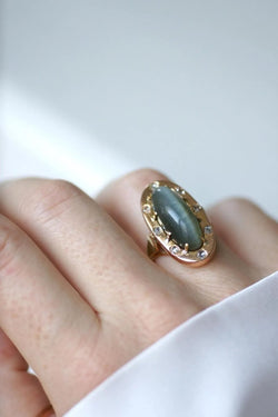 Bague Marquise Oeil de Chat et Diamants sur Or Rose - Castafiore