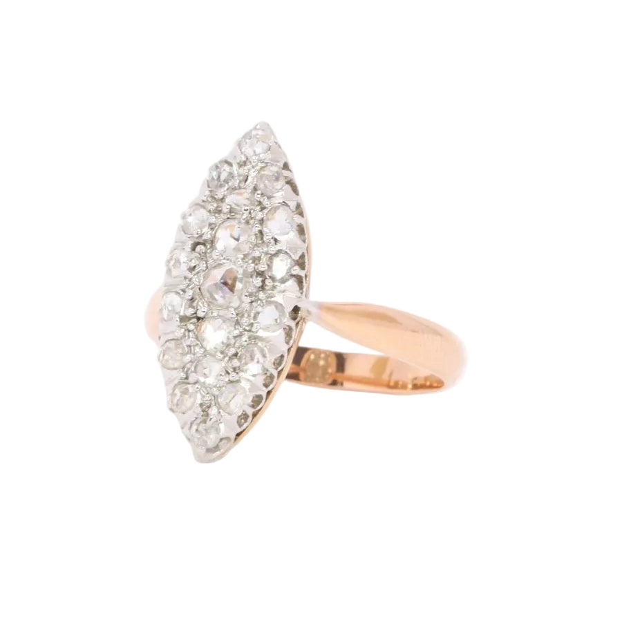 Bague marquise or rose diamants taille rose - Castafiore