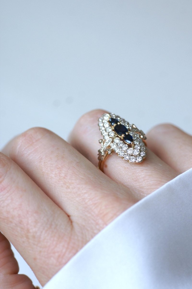 Bague Marquise Saphirs et Diamants Or Jaune - Castafiore