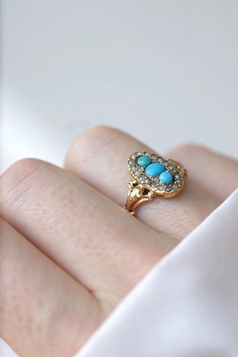 Bague marquise turquoises et perles - Castafiore