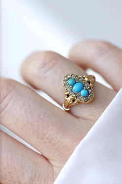 Bague marquise turquoises et perles - Castafiore
