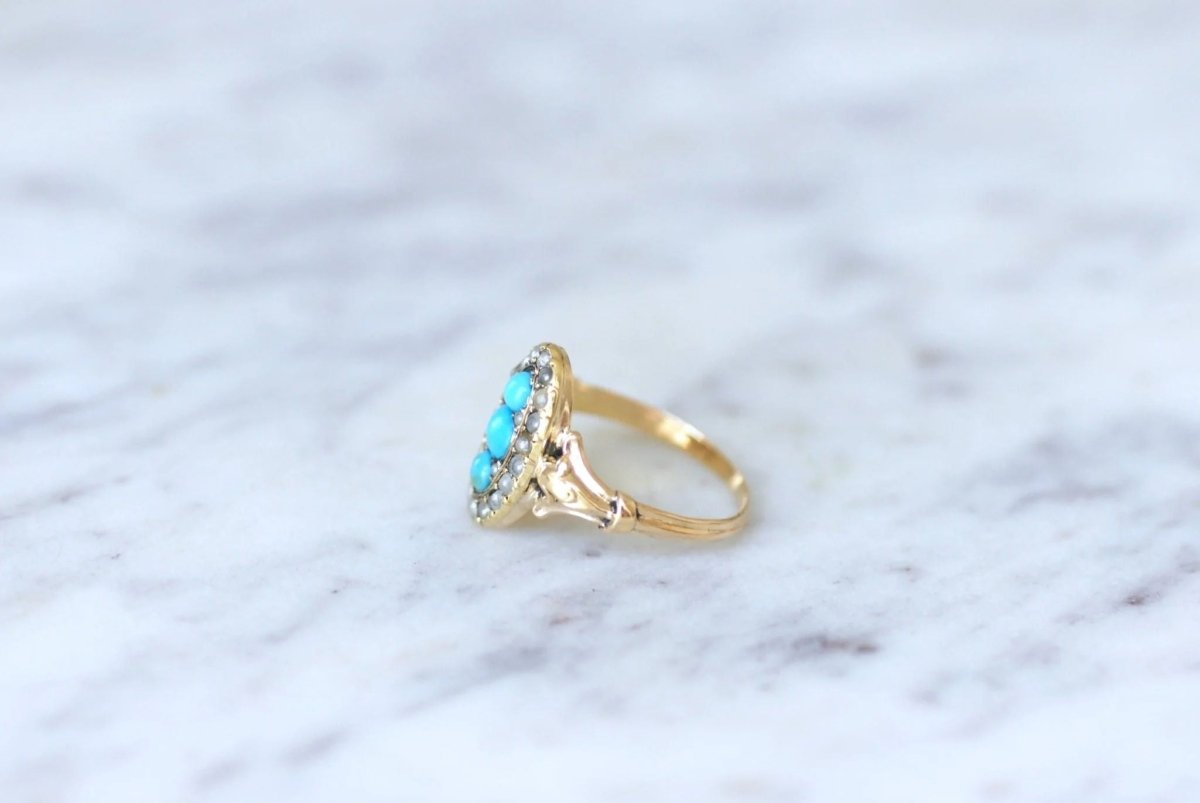 Bague marquise turquoises et perles - Castafiore