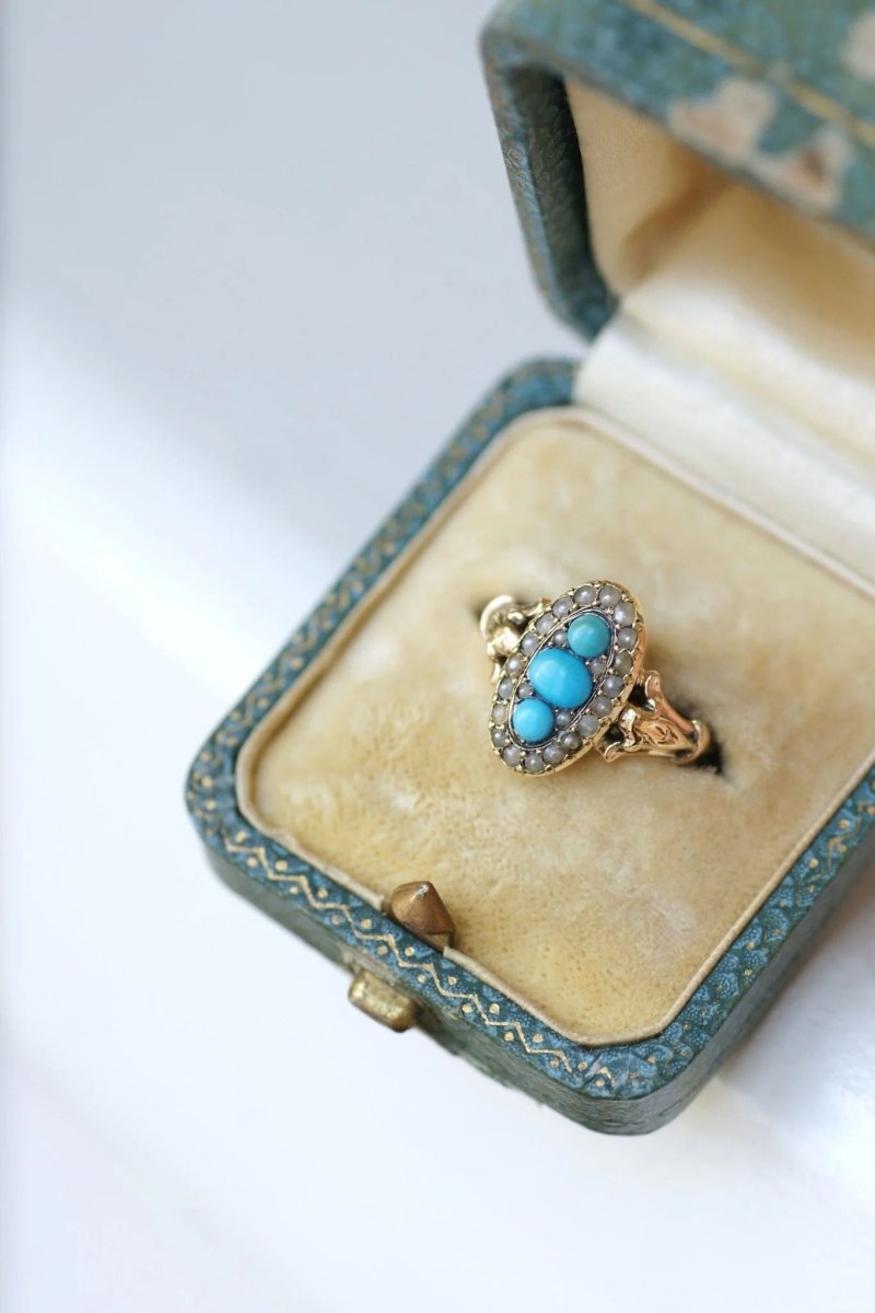 Bague marquise turquoises et perles - Castafiore