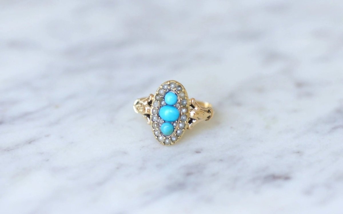 Bague marquise turquoises et perles - Castafiore