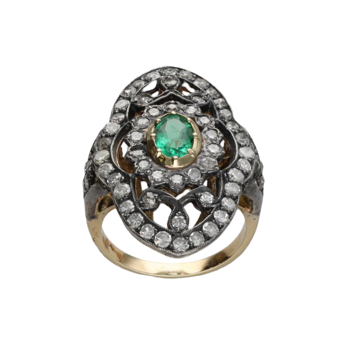 Bague marquise vers 1890 en or jaune 18 Cts et argent avec diamants taille ancienne et Emeraude. Taille 53 - Castafiore
