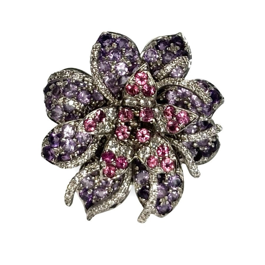 Bague MATY Fleur en or blanc diamants, améthystes et tourmalines - Castafiore
