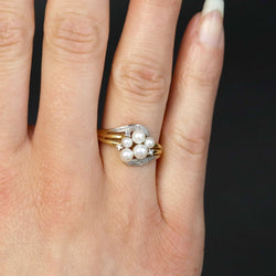 Ring modern two golds diamonds cultured pearls