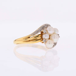 Ring modern two golds diamonds cultured pearls