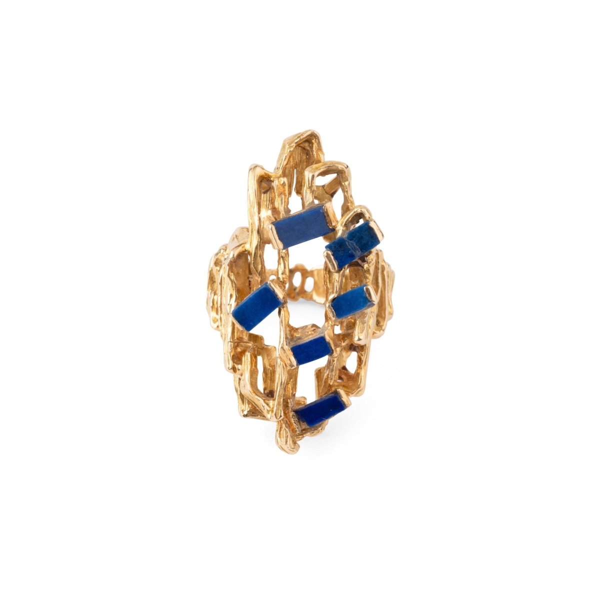 Bague moderniste en or texturé et ajouré,ornée de lapis lazuli - Castafiore