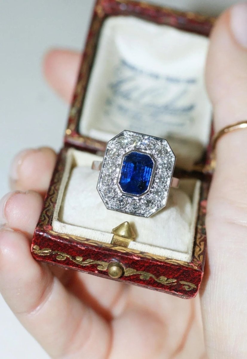 Bague Octogonale Saphir et Diamants en Platine - Castafiore