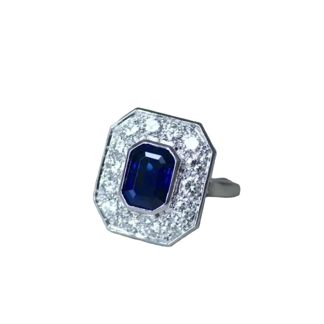 Bague Octogonale Saphir et Diamants en Platine