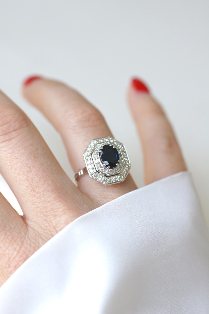 Bague Octogonale Saphir et Diamants Style Art Déco - Castafiore