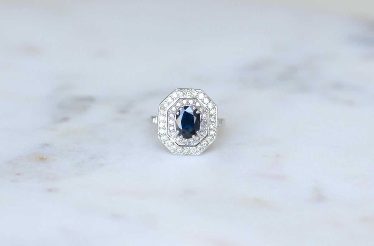 Bague Octogonale Saphir et Diamants Style Art Déco - Castafiore