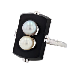 Bague onyx et ses perles de culture grise et dorée - Castafiore