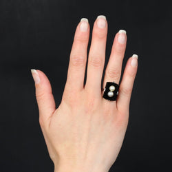 Bague onyx et ses perles de culture grise et dorée - Castafiore