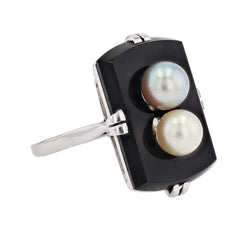 Bague onyx et ses perles de culture grise et dorée - Castafiore