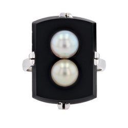 Bague onyx et ses perles de culture grise et dorée - Castafiore