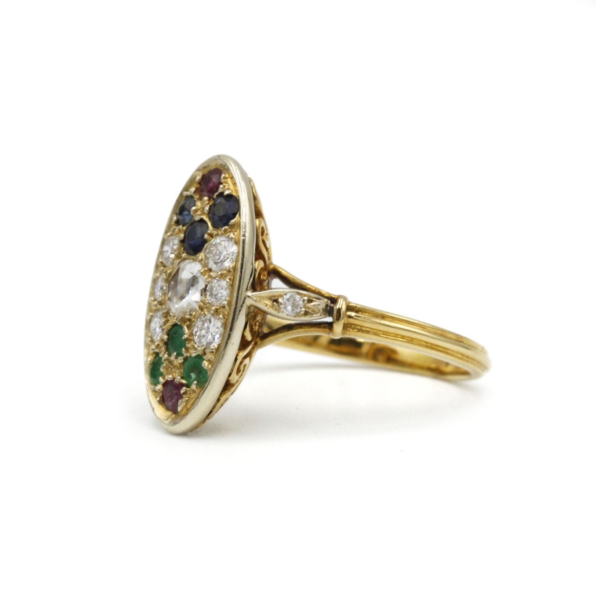 Bague - Or, diamants, émeraudes, saphirs et rubis. - Castafiore