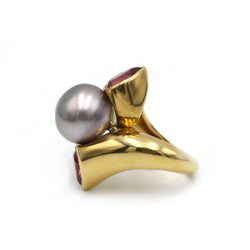 Bague or jaune 750 perle, tourmalines roses - Castafiore