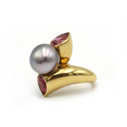 Bague or jaune 750 perle, tourmalines roses - Castafiore