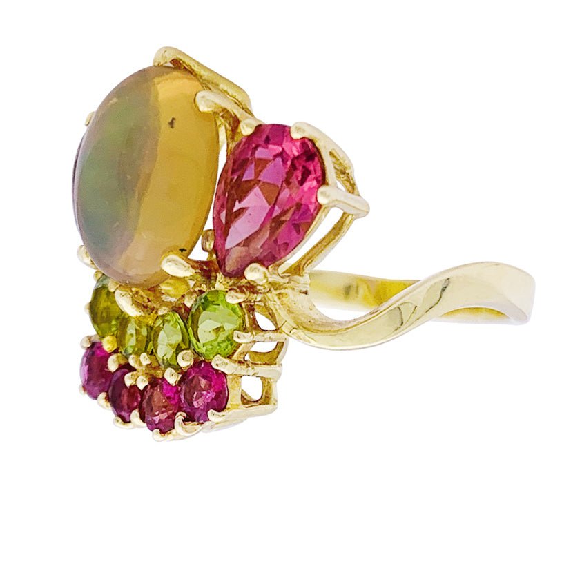 Bague or jaune, opale, tourmalines et péridots - Castafiore