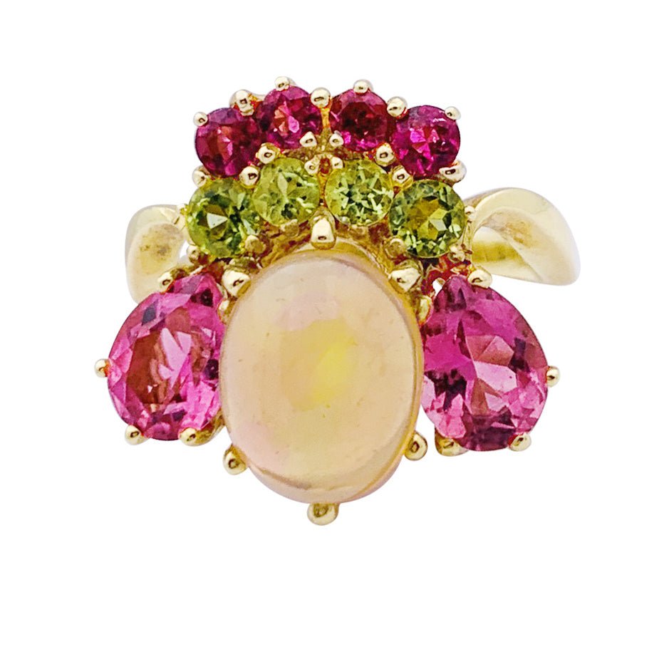 Bague or jaune, opale, tourmalines et péridots - Castafiore