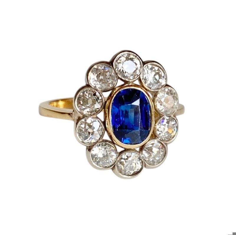 Bague Pompadour ancienne en or jaune 18k saphir et diamants - Castafiore
