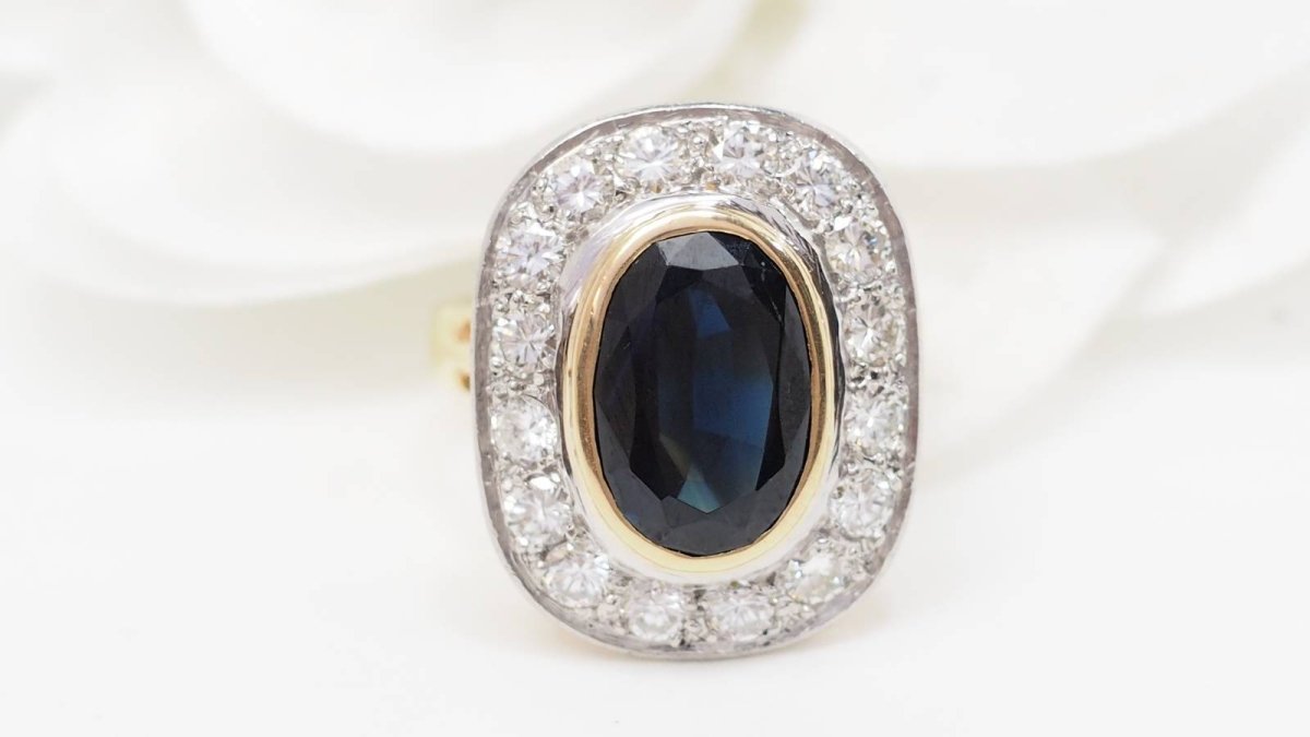 Bague pompadour en or bicolore, saphir et diamants - Castafiore