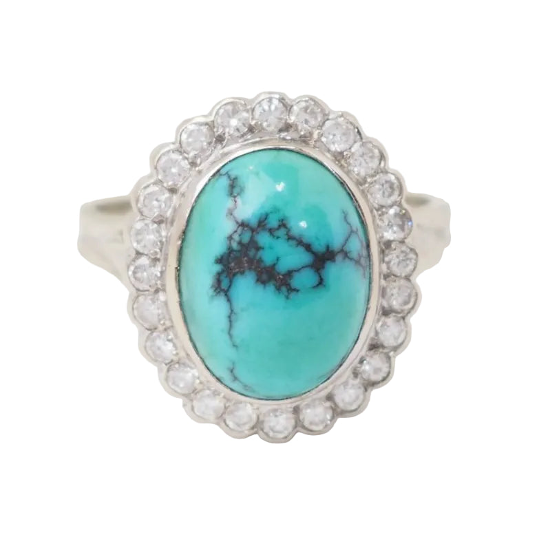 Bague pompadour en or blanc, diamants et Turquoise en cabochon - Castafiore