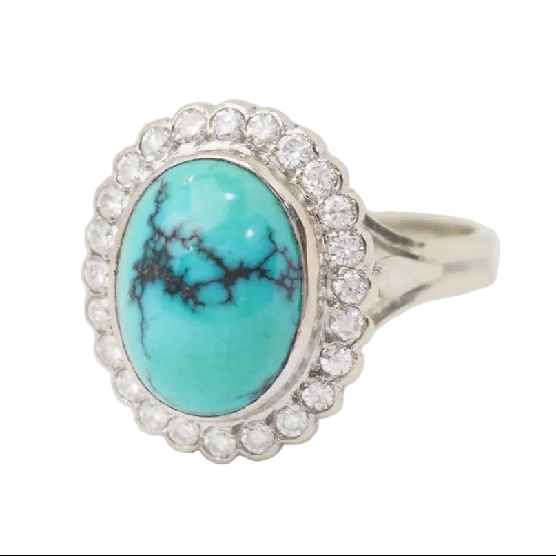 Bague pompadour en or blanc, diamants et Turquoise en cabochon - Castafiore