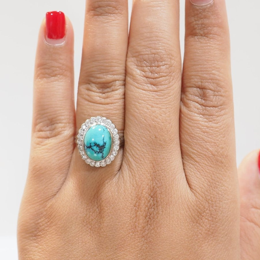 Bague pompadour en or blanc, diamants et Turquoise en cabochon - Castafiore
