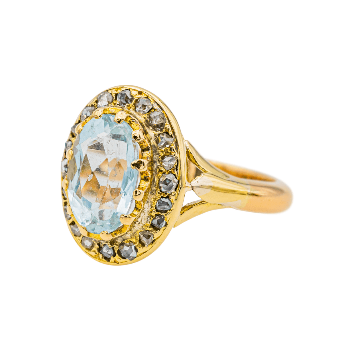 Bague Pompadour en or jaune, aigue - marine et diamants - Castafiore