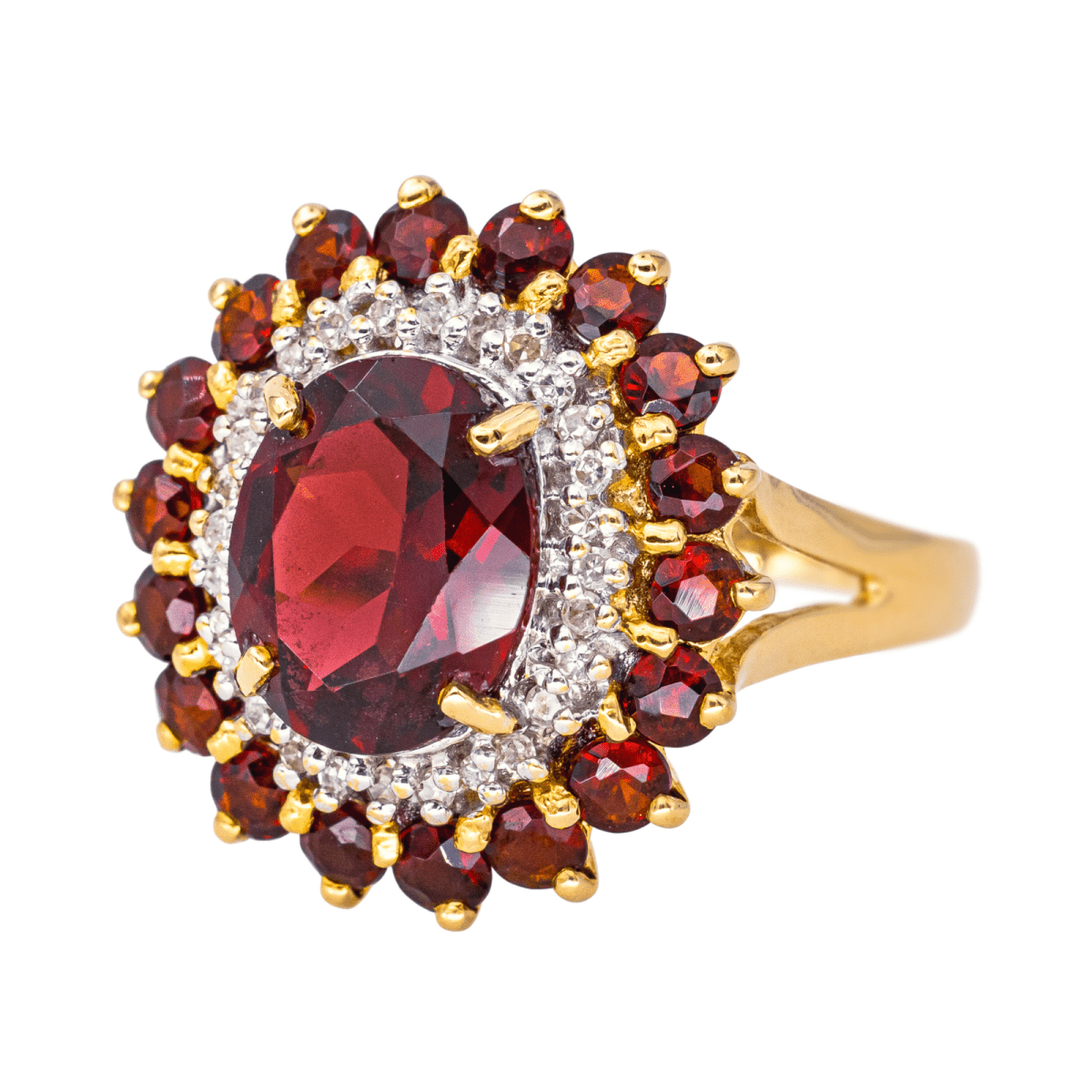 Bague Pompadour en or jaune, grenats et diamants - Castafiore