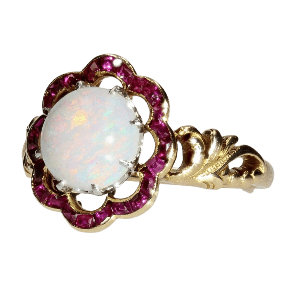 Bague Pompadour en or jaune, opale et rubis - Castafiore