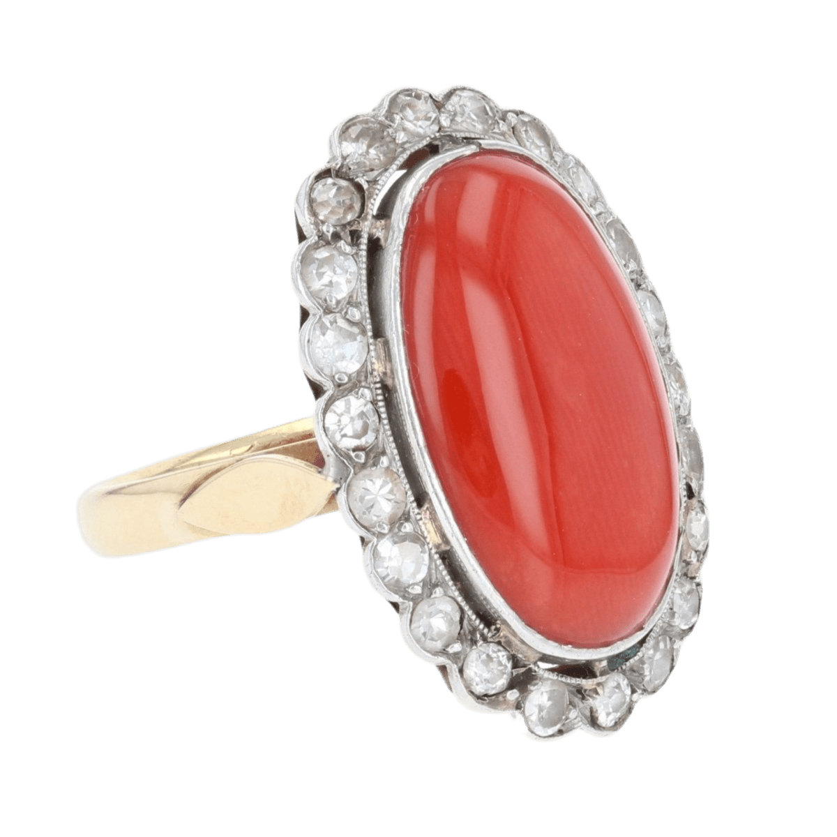 Bague Pompadour en or jaune, platine, corail et diamants - Castafiore
