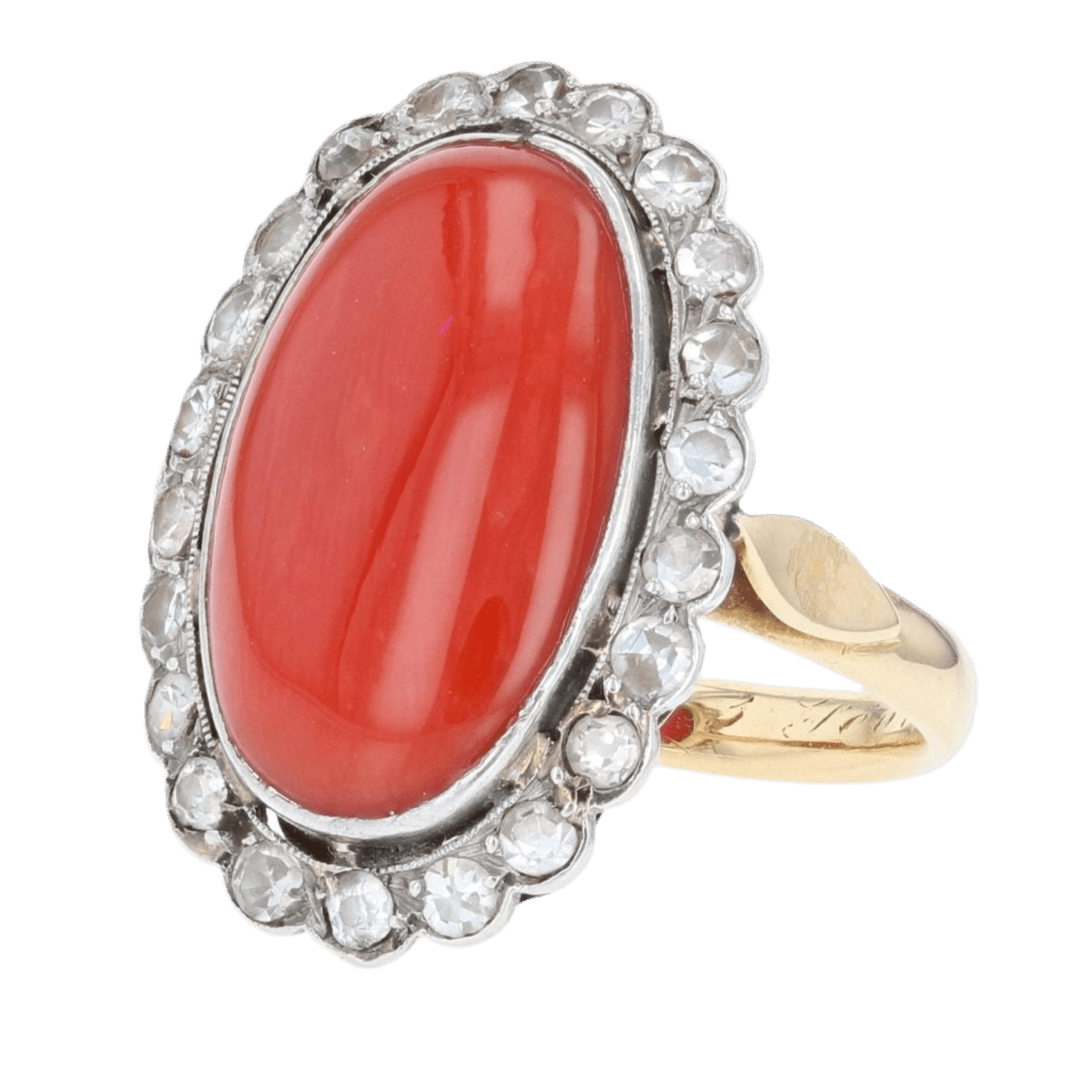 Bague Pompadour en or jaune, platine, corail et diamants - Castafiore