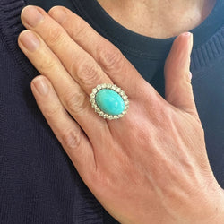 Bague Pompadour rétro en or gris, platine, turquoises et diamants - Castafiore