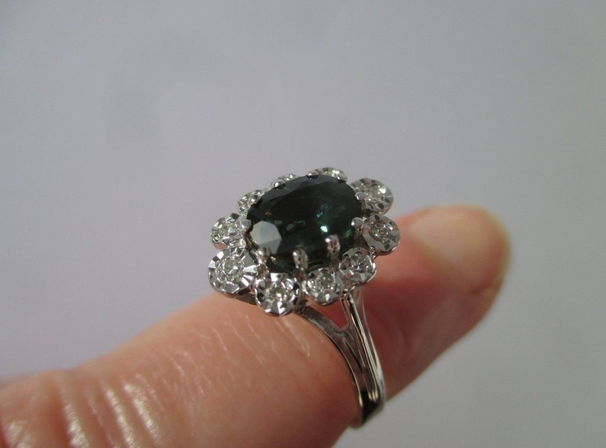 Bague Pompadour Saphir vert Diamants Or blanc - Castafiore
