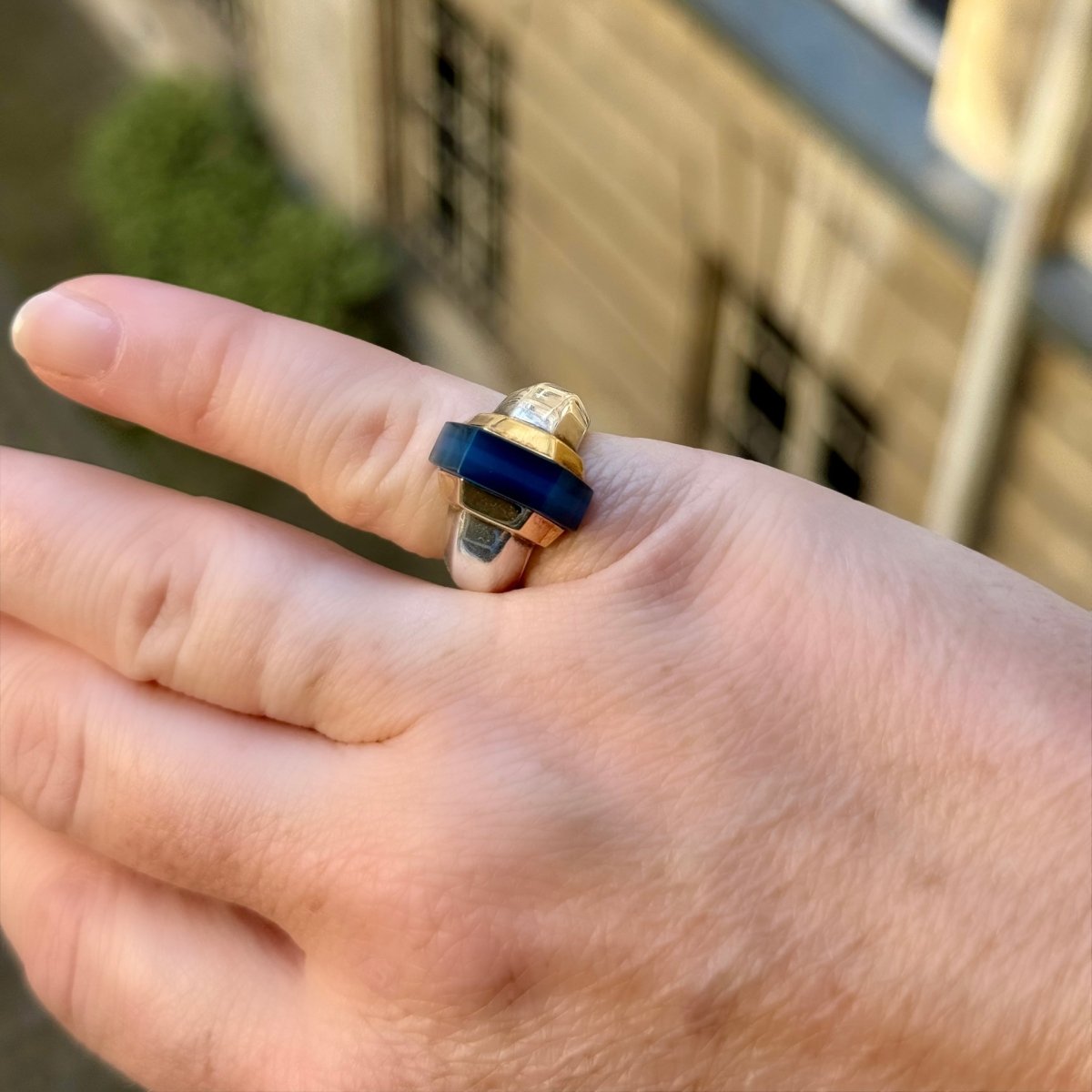 Bague PUIFORCAT en or jaune, argent et verre bleu - Castafiore